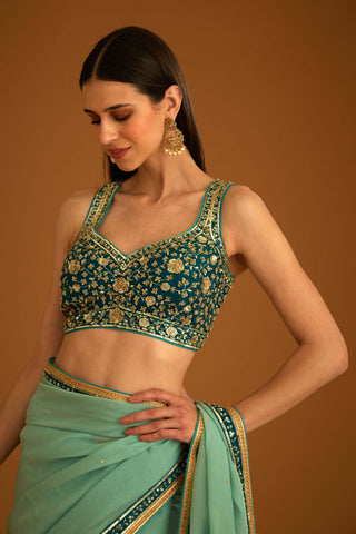 Shyam Narayan Prasad-Opal Green Chiffon Sari And Blouse-INDIASPOPUP.COM