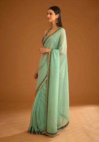 Shyam Narayan Prasad-Opal Green Chiffon Sari And Blouse-INDIASPOPUP.COM