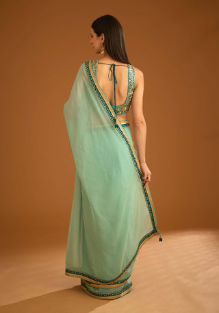 Shyam Narayan Prasad-Opal Green Chiffon Sari And Blouse-INDIASPOPUP.COM