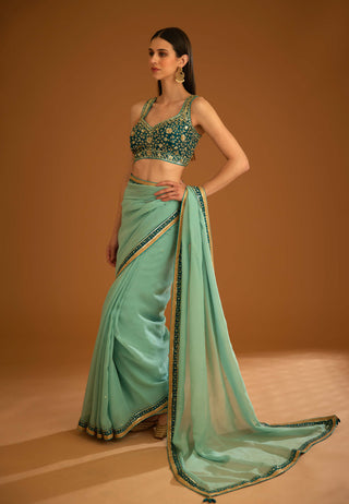 Shyam Narayan Prasad-Opal Green Chiffon Sari And Blouse-INDIASPOPUP.COM