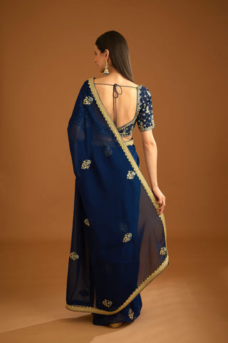 Shyam Narayan Prasad-Midnight Blue Chiffon Sari And Blouse-INDIASPOPUP.COM