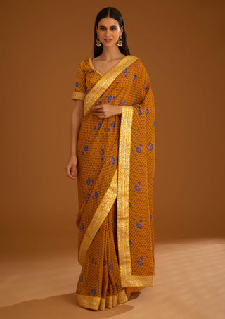 Shyam Narayan Prasad-Mustard Yellow Chiffon Sari And Blouse-INDIASPOPUP.COM
