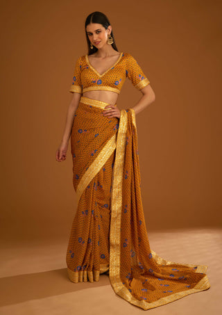Shyam Narayan Prasad-Mustard Yellow Chiffon Sari And Blouse-INDIASPOPUP.COM