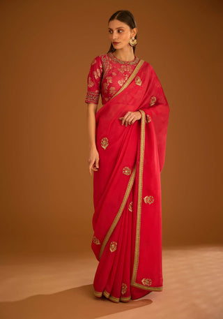 Shyam Narayan Prasad-Cranberry Pink Chiffon Sari And Blouse-INDIASPOPUP.COM