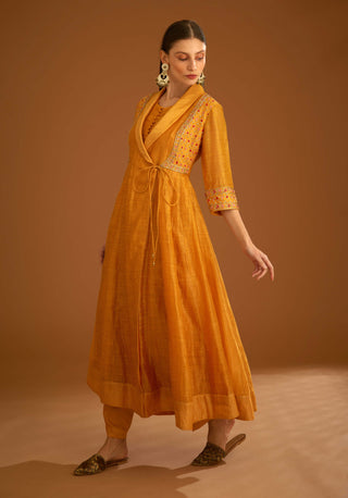 Shyam Narayan Prasad-Mango Yellow Chanderi Angrakha Set-INDIASPOPUP.COM