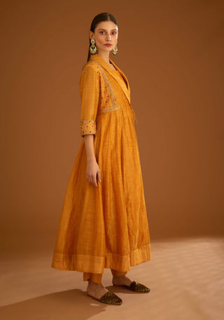 Shyam Narayan Prasad-Mango Yellow Chanderi Angrakha Set-INDIASPOPUP.COM