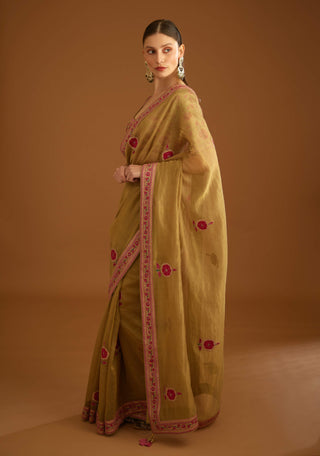 Shyam Narayan Prasad-Mustard Gold Chanderi Sari And Blouse-INDIASPOPUP.COM
