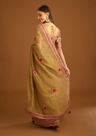 Shyam Narayan Prasad-Mustard Gold Chanderi Sari And Blouse-INDIASPOPUP.COM