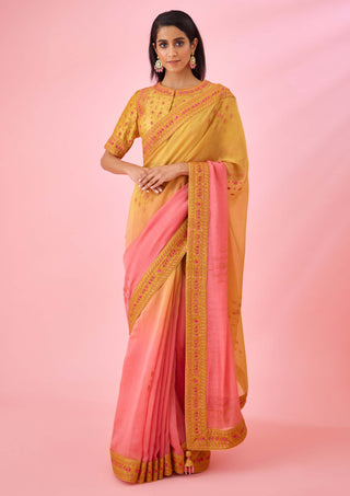 Shyam Narayan Prasad-Yellow Pink Ombre Sari And Blouse-INDIASPOPUP.COM