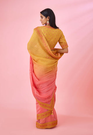 Shyam Narayan Prasad-Yellow Pink Ombre Sari And Blouse-INDIASPOPUP.COM