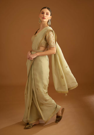 Shyam Narayan Prasad-Whisper Green Zardozi Sari And Blouse-INDIASPOPUP.COM