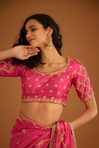 Shyam Narayan Prasad-Fuschia Pink Zardozi Sari And Blouse-INDIASPOPUP.COM