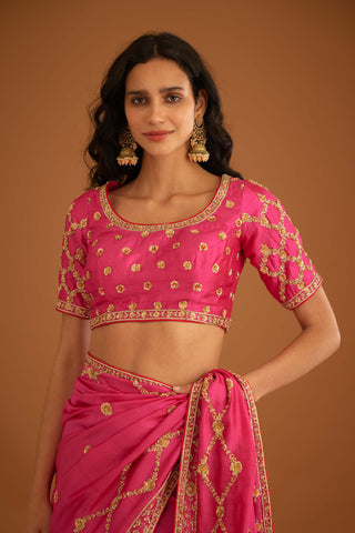 Shyam Narayan Prasad-Fuschia Pink Zardozi Sari And Blouse-INDIASPOPUP.COM