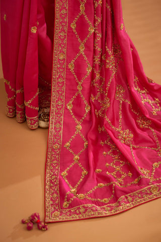 Shyam Narayan Prasad-Fuschia Pink Zardozi Sari And Blouse-INDIASPOPUP.COM