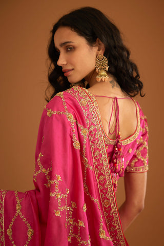 Shyam Narayan Prasad-Fuschia Pink Zardozi Sari And Blouse-INDIASPOPUP.COM