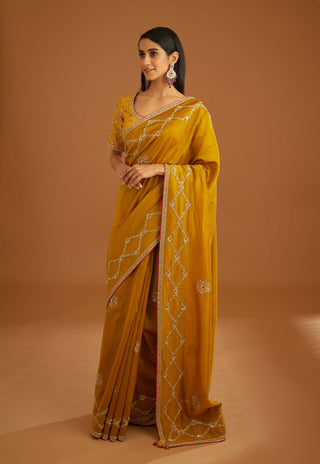 Shyam Narayan Prasad-Mustard Yellow Zardozi Sari And Blouse-INDIASPOPUP.COM