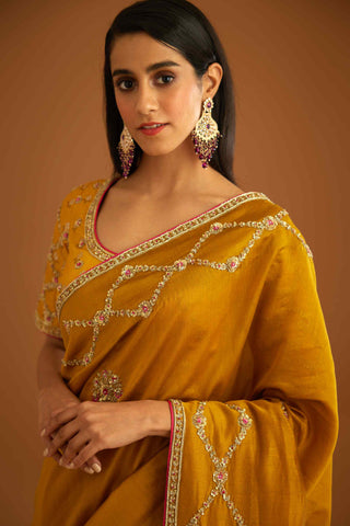 Shyam Narayan Prasad-Mustard Yellow Zardozi Sari And Blouse-INDIASPOPUP.COM