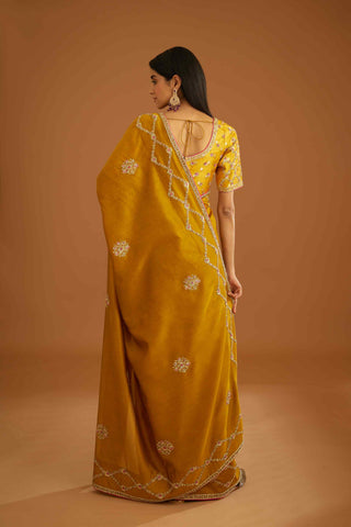 Shyam Narayan Prasad-Mustard Yellow Zardozi Sari And Blouse-INDIASPOPUP.COM