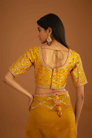 Shyam Narayan Prasad-Mustard Yellow Zardozi Sari And Blouse-INDIASPOPUP.COM