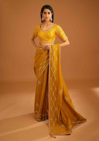 Shyam Narayan Prasad-Mustard Yellow Zardozi Sari And Blouse-INDIASPOPUP.COM