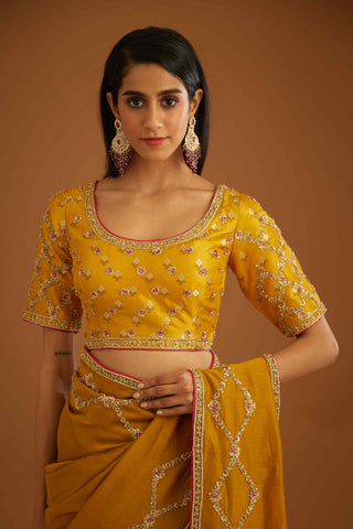 Shyam Narayan Prasad-Mustard Yellow Zardozi Sari And Blouse-INDIASPOPUP.COM