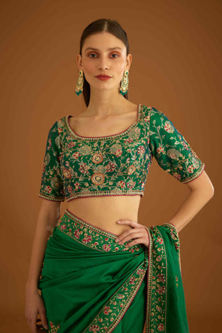 Shyam Narayan Prasad-Alpine Green Zardozi Sari And Blouse-INDIASPOPUP.COM