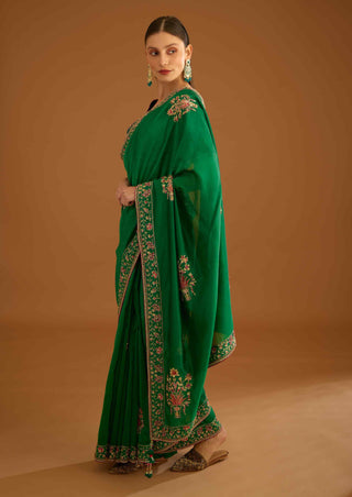 Shyam Narayan Prasad-Alpine Green Zardozi Sari And Blouse-INDIASPOPUP.COM