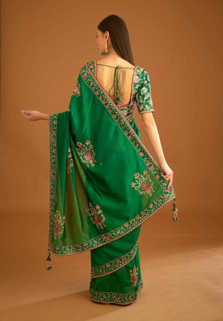 Shyam Narayan Prasad-Alpine Green Zardozi Sari And Blouse-INDIASPOPUP.COM