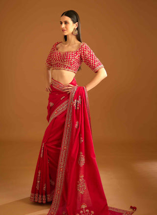 Shyam Narayan Prasad-Red Zardozi Embroidery Sari And Blouse-INDIASPOPUP.COM