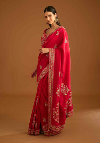 Shyam Narayan Prasad-Red Zardozi Embroidery Sari And Blouse-INDIASPOPUP.COM