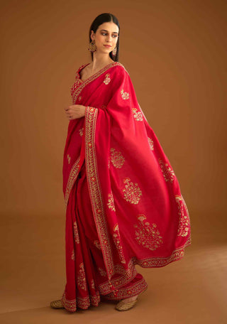 Shyam Narayan Prasad-Red Zardozi Embroidery Sari And Blouse-INDIASPOPUP.COM