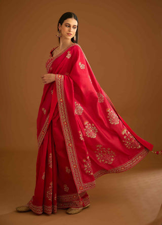 Shyam Narayan Prasad-Red Zardozi Embroidery Sari And Blouse-INDIASPOPUP.COM
