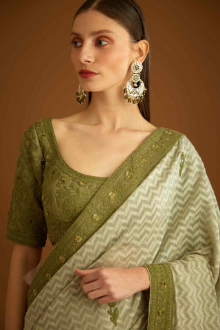 Shyam Narayan Prasad-Garden Green Sari And Blouse-INDIASPOPUP.COM