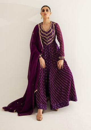 Shyam Narayan Prasad-Purple Wine Zardozi Embroidered Anarkali Set-INDIASPOPUP.COM