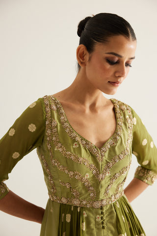 Shyam Narayan Prasad-Olive Green Zardozi Embroidered Anarkali Set-INDIASPOPUP.COM