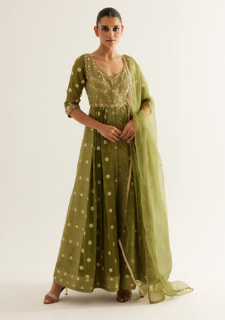 Shyam Narayan Prasad-Olive Green Zardozi Embroidered Anarkali Set-INDIASPOPUP.COM