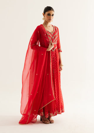 Shyam Narayan Prasad-Red Zardozi Embroidered Anarkali Set-INDIASPOPUP.COM