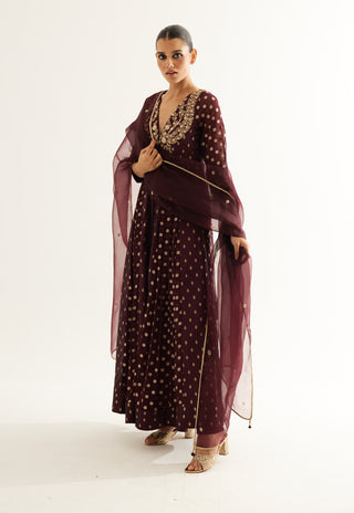 Shyam Narayan Prasad-Wine Zardozi Embroidered Anarkali Set-INDIASPOPUP.COM