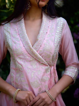 Powder Pink Angrakha Kurta And Pants by Shyam Narayan Prasad, available on Indiaspopup.com