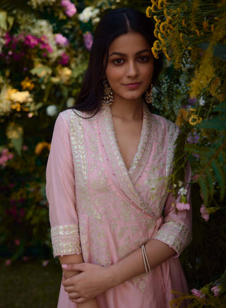 Powder Pink Angrakha Kurta And Pants by Shyam Narayan Prasad, available on Indiaspopup.com