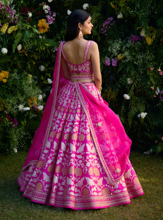 Fuchsia Pink Embroidered Lehenga Set by Shyam Narayan Prasad, available on Indiaspopup.com