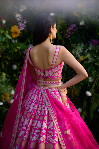 Fuchsia Pink Embroidered Lehenga Set by Shyam Narayan Prasad, available on Indiaspopup.com