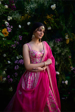 Fuchsia Pink Embroidered Lehenga Set by Shyam Narayan Prasad, available on Indiaspopup.com