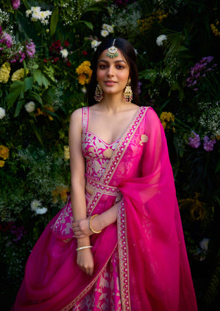 Fuchsia Pink Embroidered Lehenga Set by Shyam Narayan Prasad, available on Indiaspopup.com