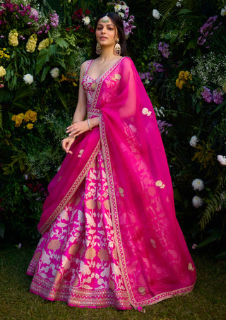 Fuchsia Pink Embroidered Lehenga Set by Shyam Narayan Prasad, available on Indiaspopup.com