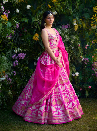 Fuchsia Pink Embroidered Lehenga Set by Shyam Narayan Prasad, available on Indiaspopup.com