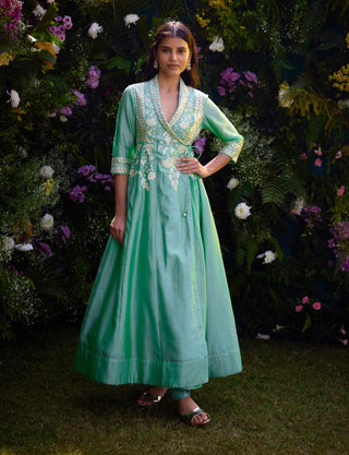 Bermuda Green Angrakha And Pants by Shyam Narayan Prasad, available on Indiaspopup.com