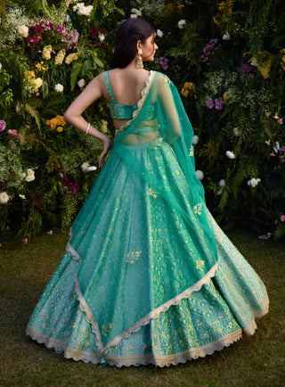 Vivid Green Embroidered Lehenga Set by Shyam Narayan Prasad, available on Indiaspopup.com