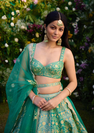 Vivid Green Embroidered Lehenga Set by Shyam Narayan Prasad, available on Indiaspopup.com