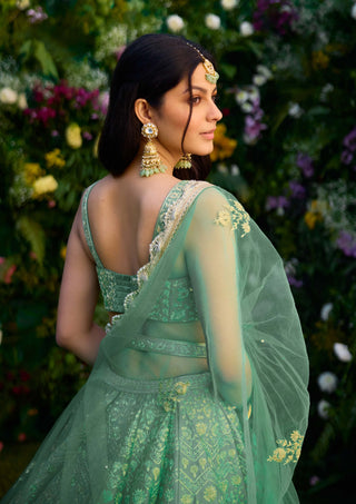 Vivid Green Embroidered Lehenga Set by Shyam Narayan Prasad, available on Indiaspopup.com